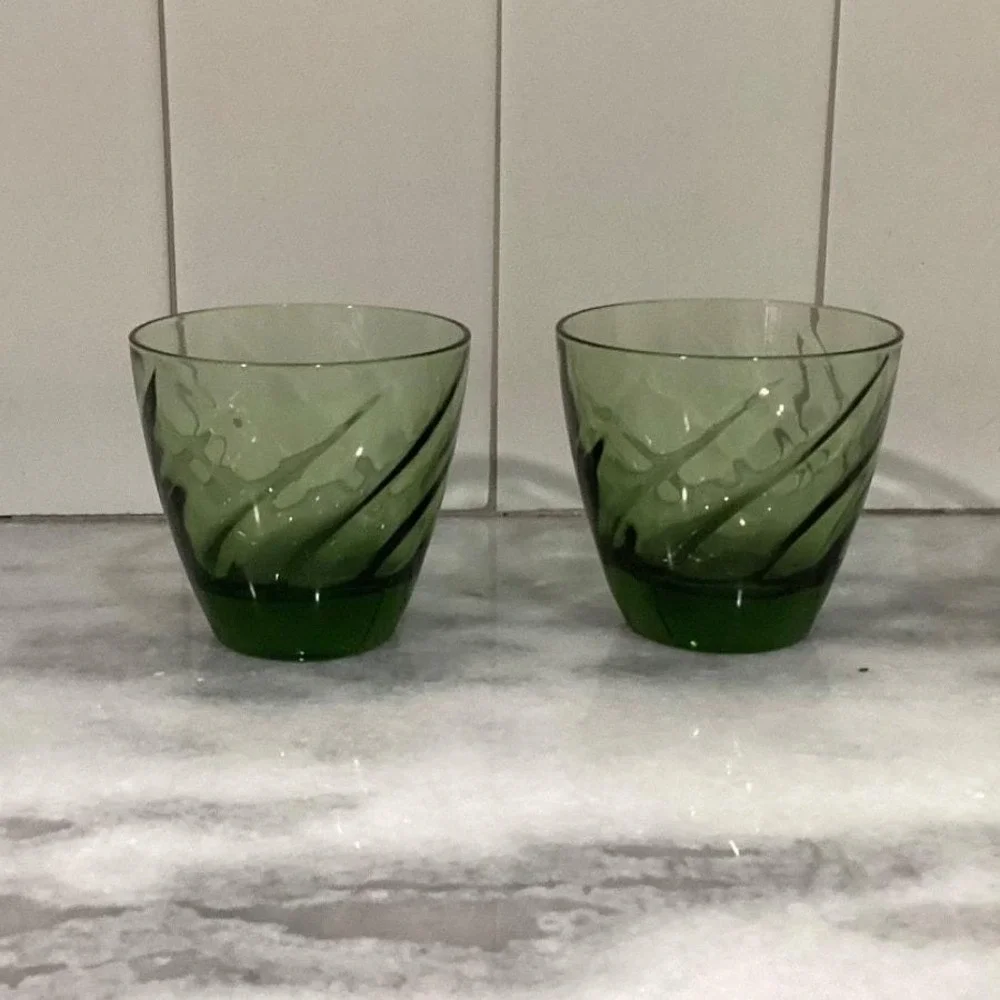 Libbey Avocado Green Swirl Lowball Tumblers, Set of 2, Vintage Glass‎ Drinkware